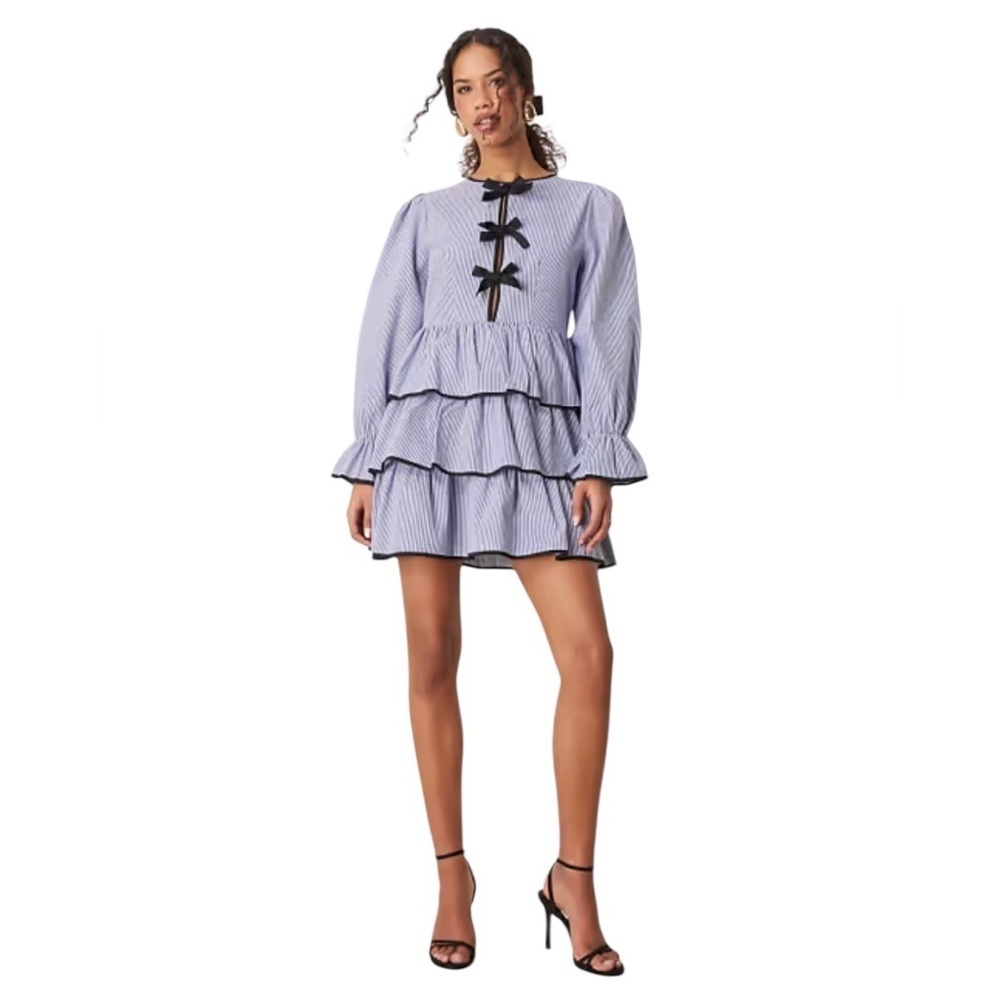 Sister Jane Bow Front Blue Striped Ruffle Long Sleeve Mini Dress Medium